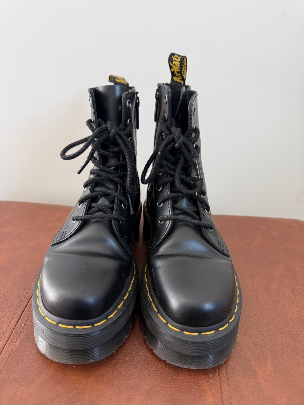 Dr. Martens Black Platform Lace-Up Boots with Yellow Stitching